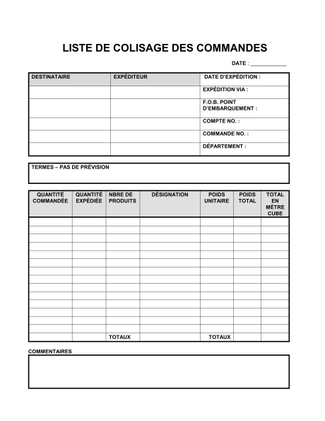 Liste colisage