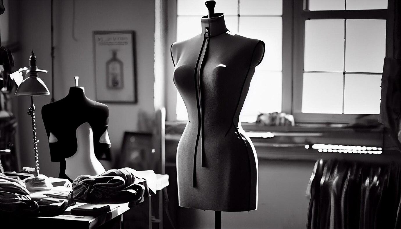 Proprietaire boutique mode mesure sa robe dans studio noir blanc genere par ia 188544 11428